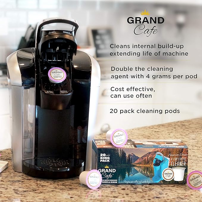 Grand Cafe - 20 Pack K-Cup Cleaner and Rinse for Keurig Single Serve Brewer Machines - 2.0 Compatible