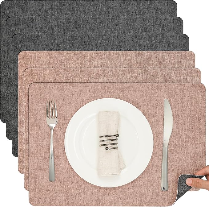 Myir JUN Placemats Dual Sided, Faux Leather Place Mats Set of 6 Indoor Placemats for Dining Table Outdoor Placemats Manteles Individuales Square Non-Slip Washable Table Mats (Gray Pink, Set of 6)