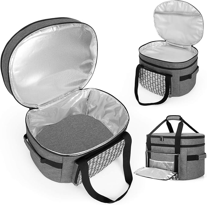 Yarwo [Upgraded Slow Cooker Travel Bag with Bottom Board Compatible with Crock-Pot and Hamilton Beach 6 7 8 Quart, Double Layers Slow Cooker Carrier, Gray with Arrow (Bag Only, Patent Pending)