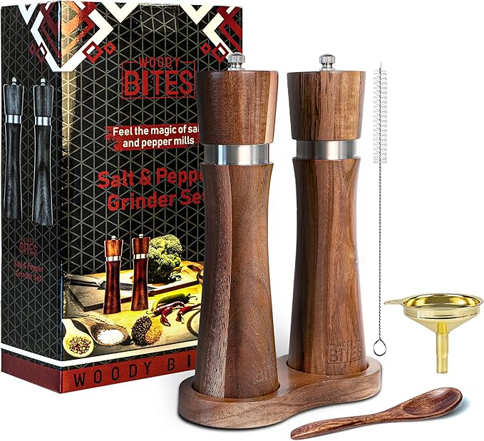 Acacia Wood Salt & Pepper Grinder Set – 8" Manual Adjustable Mills – Wooden Pepper Mill Gift Set with Funnel, Spoon & Brush – Eco-Friendly Kitchen Spice Grinder