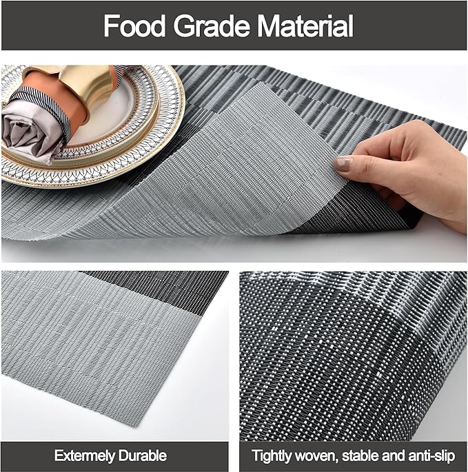 Placemats Set of 4 - Washable Easy Clean Vinyl Placemats - Heat Resistant PVC Place Mats for Dining Table - (Black and Gray, 4)