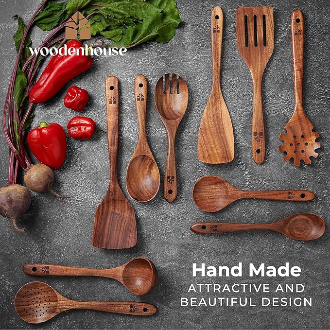 Wooden Spoons for Cooking – 10 Pc Teak Wood Utensil Set, Durable, Nonstick Safe & Heat Resistant with Ergonomic Handles - Unique Kitchen Gifts for Women Men, Cooking Gifts for Men Women