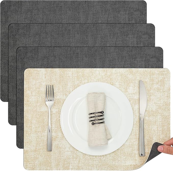 Myir JUN Dual Sided Placemats, Faux Leather Set of 4 for Dining Table Indoor Outdoor, Square Non-Slip Washable Table Mats (Gray Cream-White)