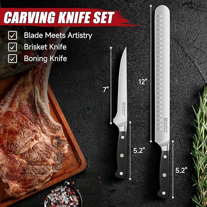 KEEMAKE BBQ Carving Knife Set, Brisket Knife and Boning Knife for Meat Cutting, High Carbon Stainless Steel Sharp Knives Set for Kitchen, Carving Knives for Roast Meat Ham Turkey