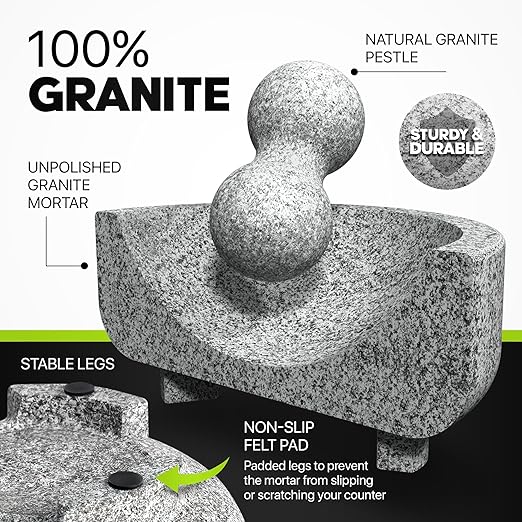 Umien™ Granite Mortar and Pestle Set - 100% Granite - 3.5-Cups - 8-Inch – Avocado Tool Included – Natural Stone Molcajete for Spices, Pestos, & Guacamole (Grey) - Stone Grinder - Guacamole