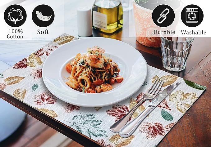 Ruvanti Placemats 100% Cotton 13x19 Inch, Dining Table Placemats Set of 6, Modern Place Mats for Dining Table Decor, Kitchen & Table Linens, Coffee Mat for Christmas Dinners - Stamped Leaves