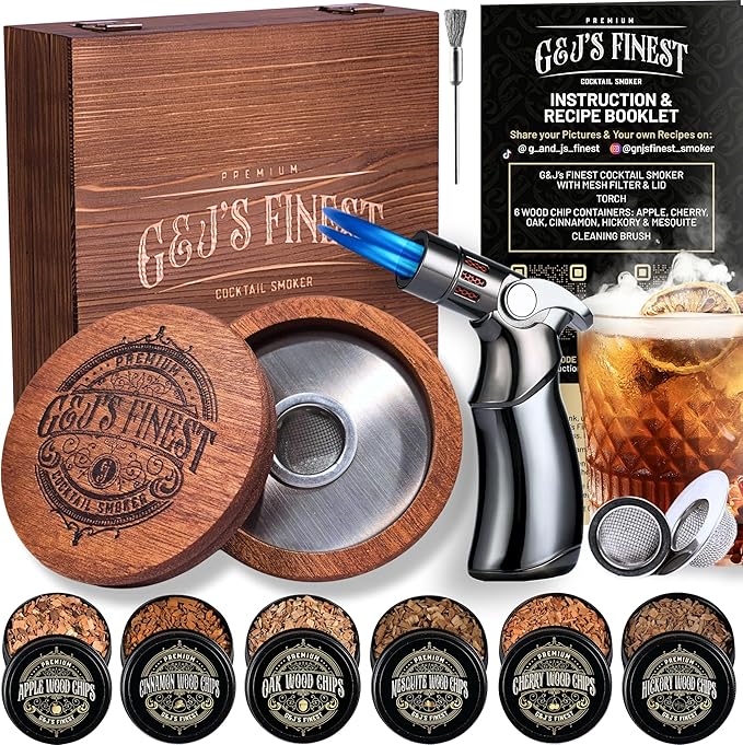 Whiskey Smoker Kit | Cocktail Smoker Kit| Bourbon Smoker Kit| Old Fashioned Smoker Kit with Quad Flame Torch, 6 Wood Chips & Wooden Box for Smoking Drinks| Whiskey Gift for Men (No Butane Incl.)