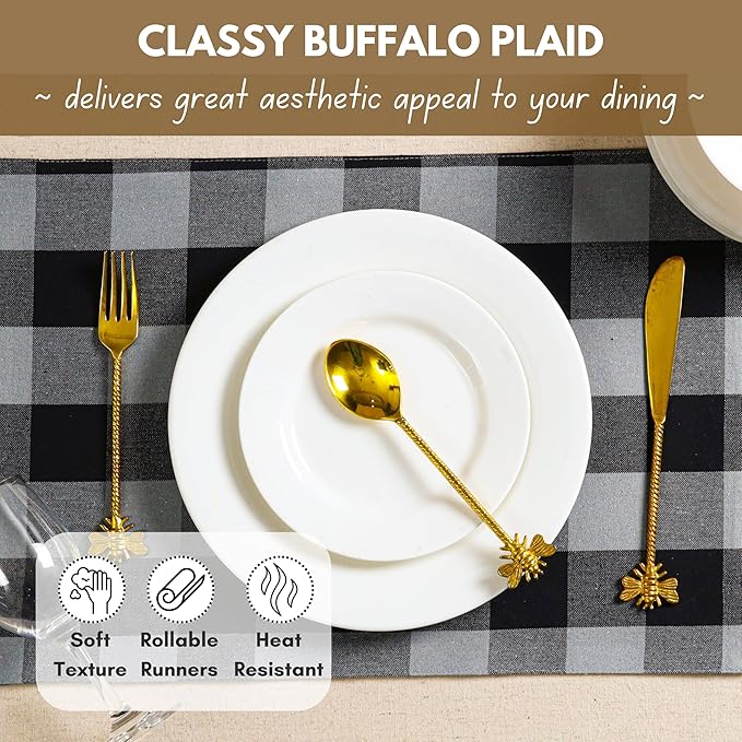 Native Fab Table Runner Buffalo Check Plaid 100% Cotton - 13x108 Inches Kitchen Dining Table Decoration for Indoor Outdoor Farmhouse Home Party Decor - Black, Grey