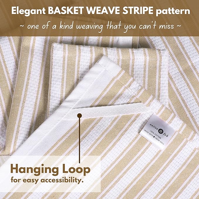 Native Fab Kitchen Dish Towels 16"x26" - Set of 4 - Absorbent Cotton Hand Towels, Restaurant Grade Dish Towels for Quick Drying, Cleaning, Dish Cloths Set with Hanging Loop - Beige and White