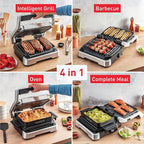 T-fal, Electric Grill, OptiGrill 4in1, Stainless Steel, 9 Automatic Cooking Modes, Intelligent Grilling Rare to Well-Done, 1800 Watts, Nonstick Removable Plates, Dishwasher Safe, Indoor, Silver