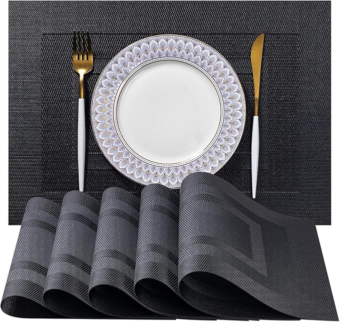 LEXMORE PVC Woven Placemats 6 PCS Wipeable Indoor/Outdoor Table Mats Washable Vinyl Place Mats for Dining Table, Set of 6-Black Cube