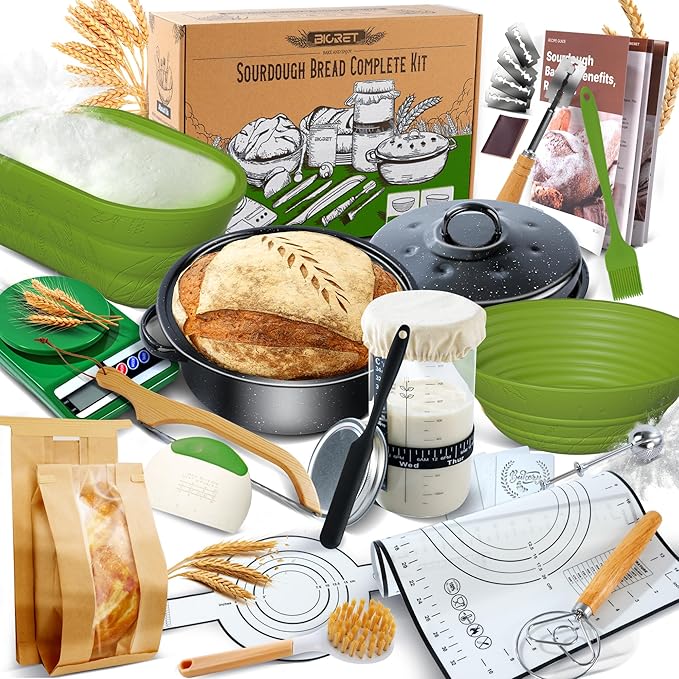 Sourdough Bread Baking Supplies 34 oz Sourdough Starter kit with Pot, 2 Silicone Bread Proofing Baskets, and Bread Making Tools Kit - Green