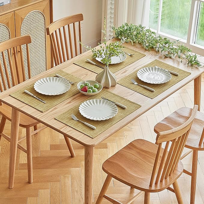 Softalker Faux Linen Placemats Set of 4-12 x 18 Inch, Heat Resistant Double Layered Durable Burlap Farmhouse Place Mats, Non-Slip Washable Rustic Table Mats for Dining, Kitchen, Party（Khaki
