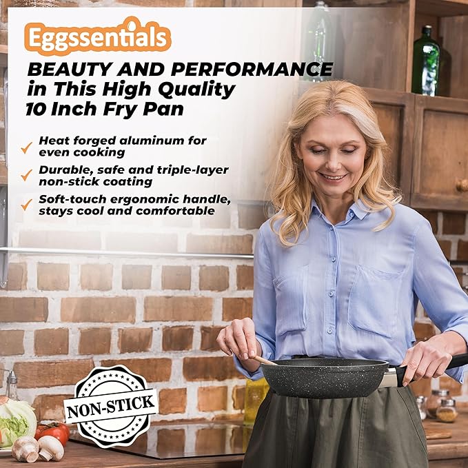 Eggssentials 2 IN 1 Egg Poacher Pan & Large Frying Pan - Poached Egg Maker, Granite Egg Poacher with 6 Cups - Egg Pan - 10 Inch Frying Pan Nonstick Omelette Pan