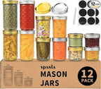 SPANLA 12 Pack Glass Mason Canning Jars With Regular Lids, Ideal for Jam, Jelly, Honey, Wedding Favors, Shower Favors, Baby Foods DIY Spice Jars - 4 OZ x 4, 8 OZ x 4, 12 OZ x 4