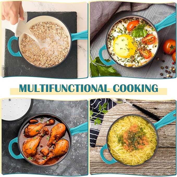 E-far Enameled Cast Iron Sauce Pan, 2 Quart Dutch Oven Saucepan with Lid, Small Sauce Pot for Cooking, Boiling, Healthy & Non Toxic, Induction & Oven Safe, Green