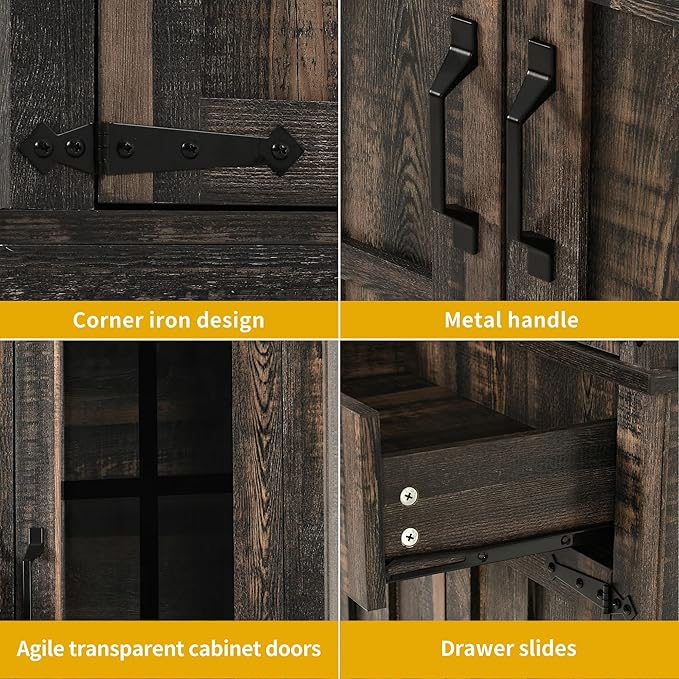 DWVO Farmhouse Kitchen Pantry Cabinet, 71" Tall Storage Cabinet with Adjustable Shelves & Glass Doors, Freestanding Kitchen Cupboard for Dining Room, Living Room, Dark Brown Oak