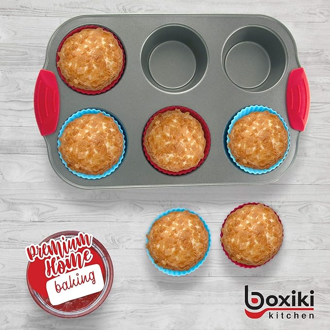Boxiki Kitchen Non-Stick Steel 6 Cup Muffin Pan with Silicone Handles and Reusable Liners - Perfect for Baking Large Muffins and Cupcakes