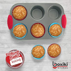 Boxiki Kitchen Non-Stick Steel 6 Cup Muffin Pan with Silicone Handles and Reusable Liners - Perfect for Baking Large Muffins and Cupcakes