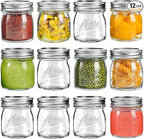 Mason Jars, 8 OZ, 12 Pack with Lids and Bands, Glass Canning Jars for Canning, Pickling, Preserving, Jam, Honey, Wedding Favors, Shower Favors (12 Pack) (Regular Mouth)