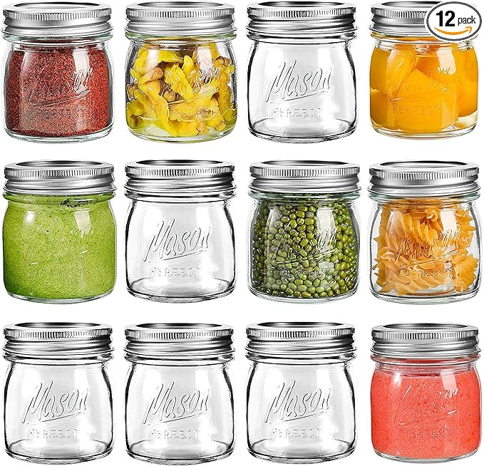 Mason Jars, 8 OZ, 12 Pack with Lids and Bands, Glass Canning Jars for Canning, Pickling, Preserving, Jam, Honey, Wedding Favors, Shower Favors (12 Pack) (Regular Mouth)