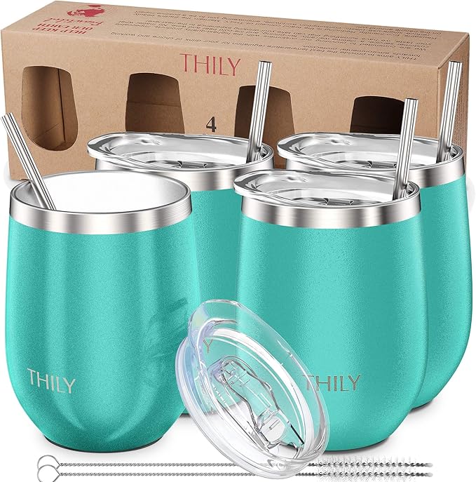 THILY Stainless Steel Stemless Wine Glasses 4 Pack Vacuum Insulated Cute Travel Wine Tumbler Set with Splash-proof Lids, Reusable Straws, Keep Cold & Hot for Wine, Coffee, Teal