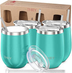 THILY Stainless Steel Stemless Wine Glasses 4 Pack Vacuum Insulated Cute Travel Wine Tumbler Set with Splash-proof Lids, Reusable Straws, Keep Cold & Hot for Wine, Coffee, Teal