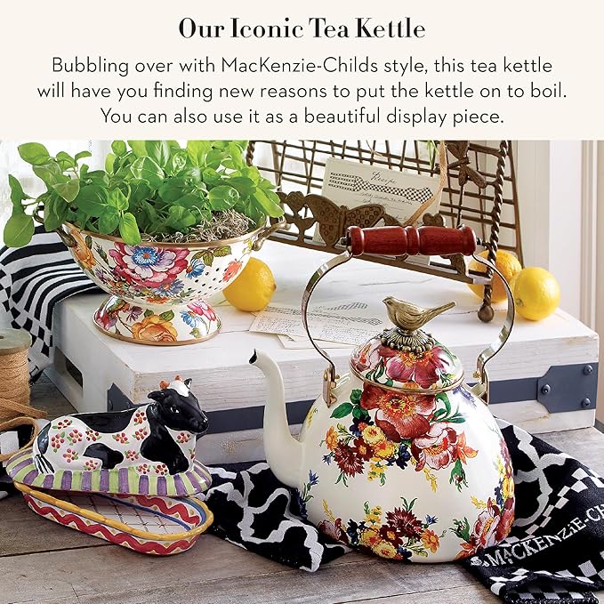 MACKENZIE-CHILDS Enamel Tea Kettle, Cute Kitchen Kettle for Stovetop, 3-Quart Capacity, White Flower Market with Bird Topper