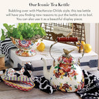 MACKENZIE-CHILDS Enamel Tea Kettle, Cute Kitchen Kettle for Stovetop, 3-Quart Capacity, White Flower Market with Bird Topper