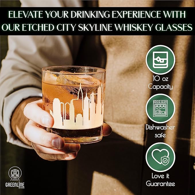 Greenline Goods Skyline Etched New York City Whiskey Glasses Gift (Set of 2) | Old Fashioned Tumbler – For New York City Lovers