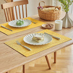 Softalker Faux Linen Placemats Set of 4-12 x 18 Inch, Heat Resistant Double Layered Durable Burlap Farmhouse Place Mats, Non-Slip Washable Rustic Table Mats for Dining, Kitchen, Party（Yellow