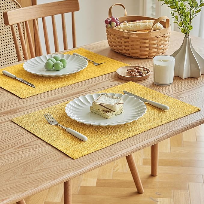 Softalker Faux Linen Placemats Set of 6-12 x 18 Inch, Heat Resistant Double Layered Durable Burlap Farmhouse Place Mats, Non-Slip Washable Rustic Table Mats for Dining, Kitchen, Party（Yellow