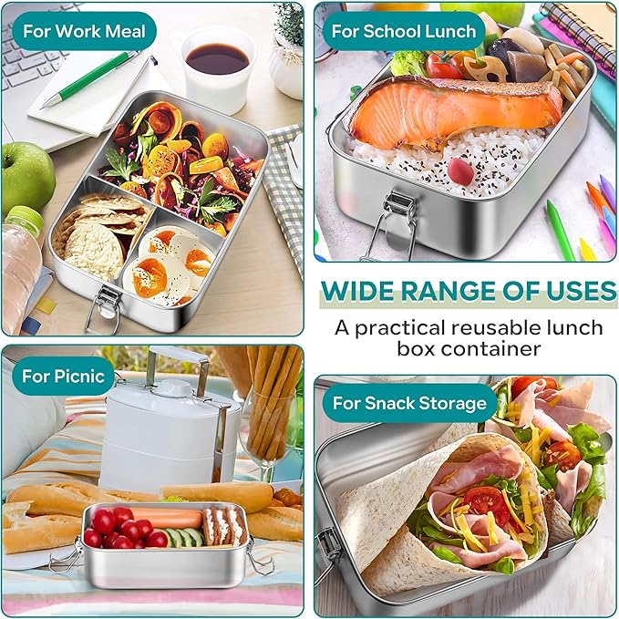 HaWare Stainless Steel Bento Box, 47oz (1400ml) Leak-Proof Lunch Box for Kids Adults, 3 Compartments Food Containers with Removable Dividers and Bag, Metal Lunch Containers for Snack Meal Sandwich