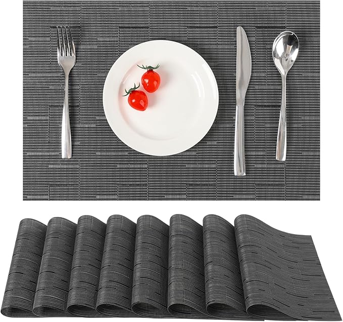 Myir JUN Placemats Set of 8, Vinyl Woven Placemats Place Mats Indoor Set of 8 Washable Table Mats Non-Slip Place mats for Dining Table (Black-Gray, Set of 8)