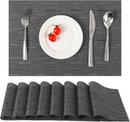 Myir JUN Placemats Set of 8, Vinyl Woven Placemats Place Mats Indoor Set of 8 Washable Table Mats Non-Slip Place mats for Dining Table (Black-Gray, Set of 8)