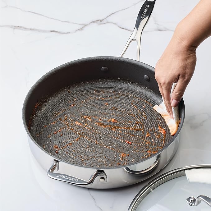 Circulon C1 Series Clad Stainless Steel with ScratchDefense Technology Cookware Nonstick Induction Saute Pan with Lid and Helper Handle, Metal Utensil Safe, 5 Quart - Polished Stainless Steel