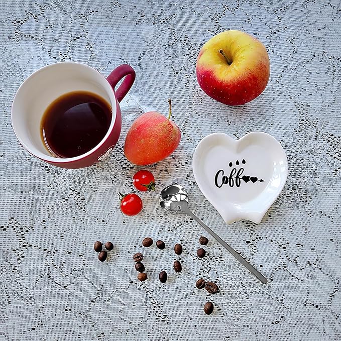 Heart-shaped Coffee Spoon Rest, Mini Coffee Spoon Holder, Small Ceramic Spoon Rest for Coffee Stirrers, Teaspoon, Bar Spoon, Coffee Bar Accessories, Coffee Station (White+Sliver spoon)