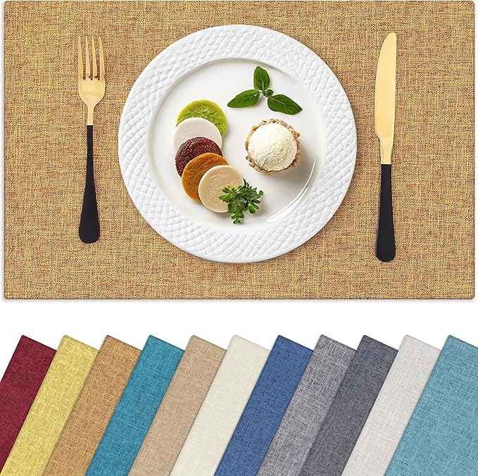 Homaxy Cloths Placemats for Dining Table Set of 8, Heat Resistant Washable Cotton Linen Blend Table Mats, Ideal for Kitchen Party Dining Decoration, 13" x 19", Amber