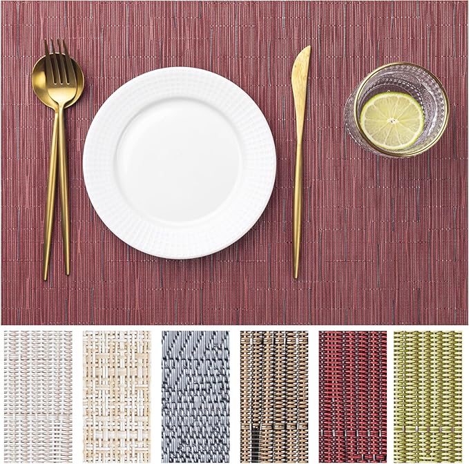 LEXMORE PVC Woven Placemats 12 PCS Wipeable Indoor/Outdoor Table Mats Washable Vinyl Place Mats for Dining Table, Set of 12-Burgundy