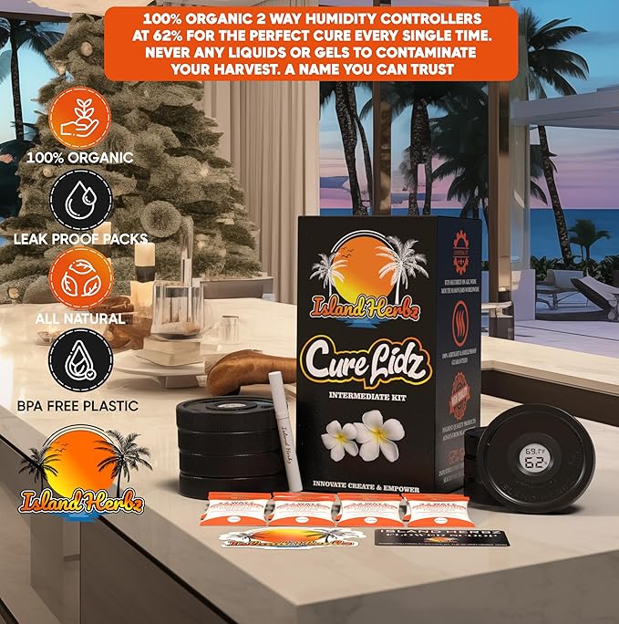 Intermediate Cure Kit Fits All Wide Mouth Mason Jars: 8 Airtight Digital Cure Lids, 8-8 Gram Organic 2 Way Humidity Controllers 1 Scoop Card 1 White Erase Marker 1 Slap-On (8-Pack)