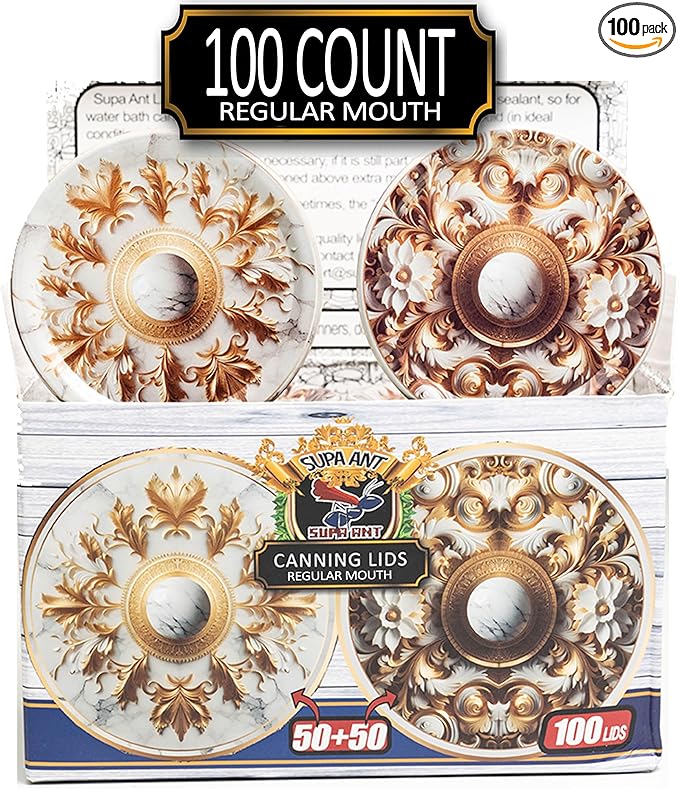 Supa Ant Canning Lids Regular Mouth (100pcs) Decorative Tin Canning Lids Regular Mouth (Marble & Gold) Buckle Proof and Rust Proof - Perfect Fit Can Lid for Mason Jars Canning Supplies