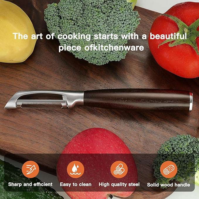 Serrated Blade Premium I Type 304 Stainless Steel Multifunctional Kitchen Peeler Real Wood Handle Ultra Sharp Blade Vegetable Potato Apple(Carbonized Wood)