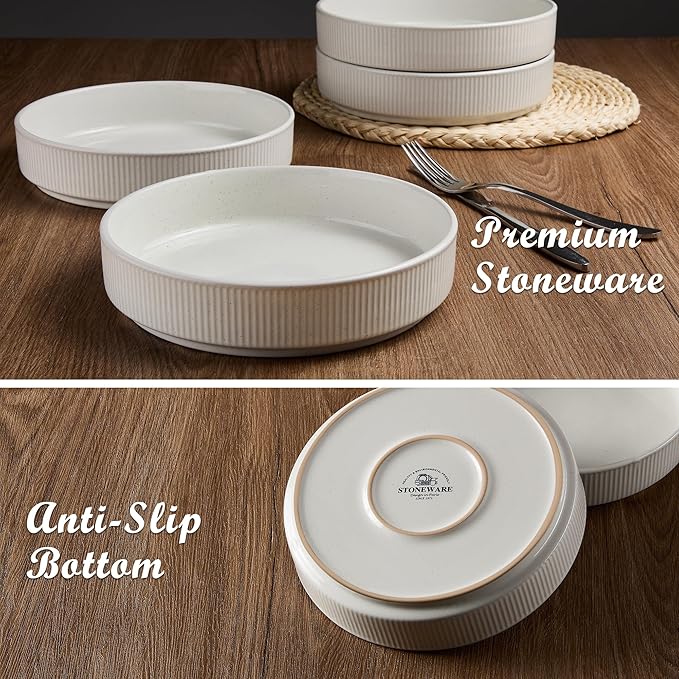 E-far Pasta Bowls Set of 6, 35oz Large Salad Bowl Plate for Dinner Serving Soup, Wide & Shallow Ceramic Stoneware Pasta Plates, Microwave & Dishwasher Safe, Textured Stripes & Speckled White, 8”