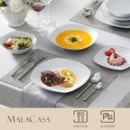 MALACASA Dinnerware Sets, 24 Piece Porcelain Square Dishes, White with Silver Rim Plates and Bowls Sets, Ceramic Dish Set for 6, Chip Resistant Dishware Sets, Series ELISA
