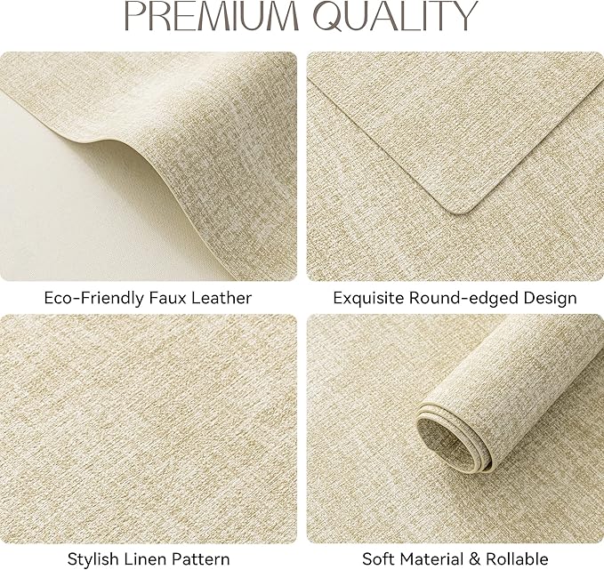 Romanstile Vinyl Placemats Set of 8-12 X 18 Inch - Heat Resistant Place Mats 100% Waterproof Oilproof Wipeable Reversible Faux Leather Table Mats for Kitchen/Dining/Party/Outdoor, Beige