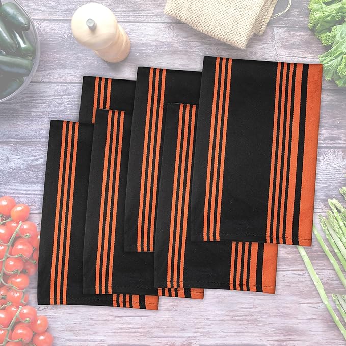 Urban Villa Kitchen Towels 100% Cotton Pack of 6, Highly Absorbent Quick Drying Super Soft Premium Dish Towels for Kitchen with Hanging Loop Hand & Tea Towels - 20x30 Inch, (Orange & Black Striped)