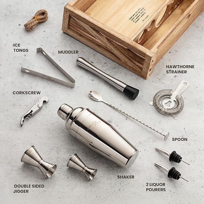 Mixology & Craft 11-Piece Cocktail Shaker Set, Bartender Kit with Stand, Stainless Steel Bar Tools, Dual Jiggers, Muddler & Pourers, Wood Display for Home Bar - Gift Ready (Silver)