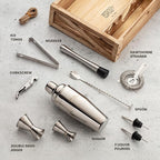 Mixology & Craft 11-Piece Cocktail Shaker Set, Bartender Kit with Stand, Stainless Steel Bar Tools, Dual Jiggers, Muddler & Pourers, Wood Display for Home Bar - Gift Ready (Silver)