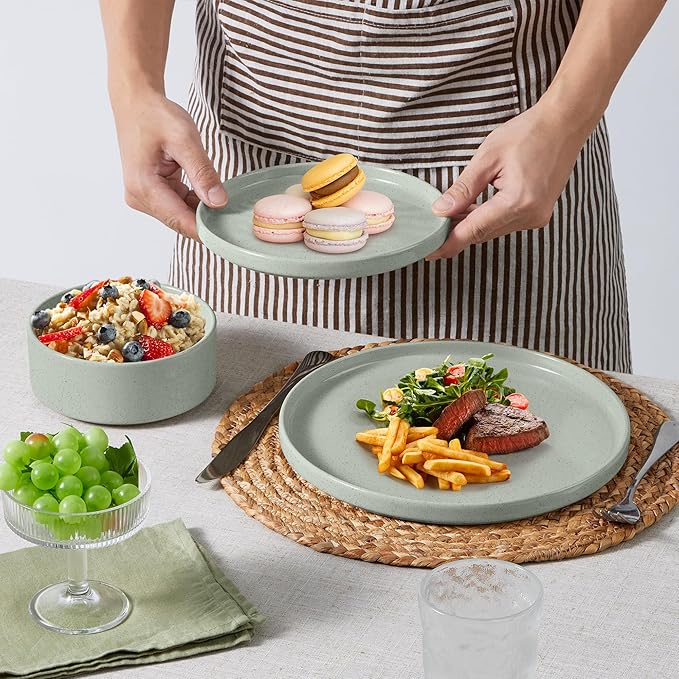 E-far Stoneware Dinnerware Sets, 12-Piece Plates and Bowls Dish Set for 4, Kitchen Modern Dinning Ware, Chip and Scratch Resistant, Microwave & Dishwasher Safe, Speckled Green