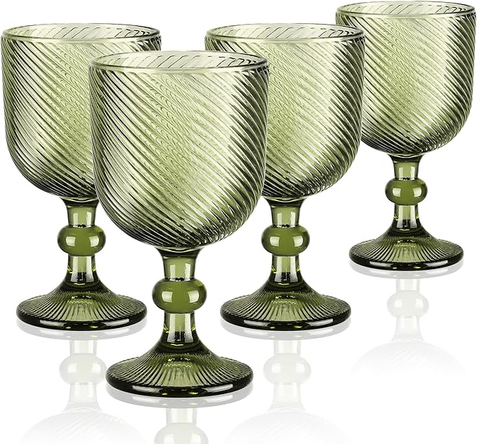 Joeyan Vintage Colored Glass Goblet,Green Ribbed Embossed Wine Glasses Water Drinking Glasses,Stemmed Wine Glassware for Christmas Party Wedding Table Decor,12 oz,Set of 4,Dishwasher Safe